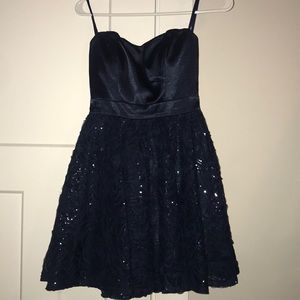 navy sequin strapless formal dress